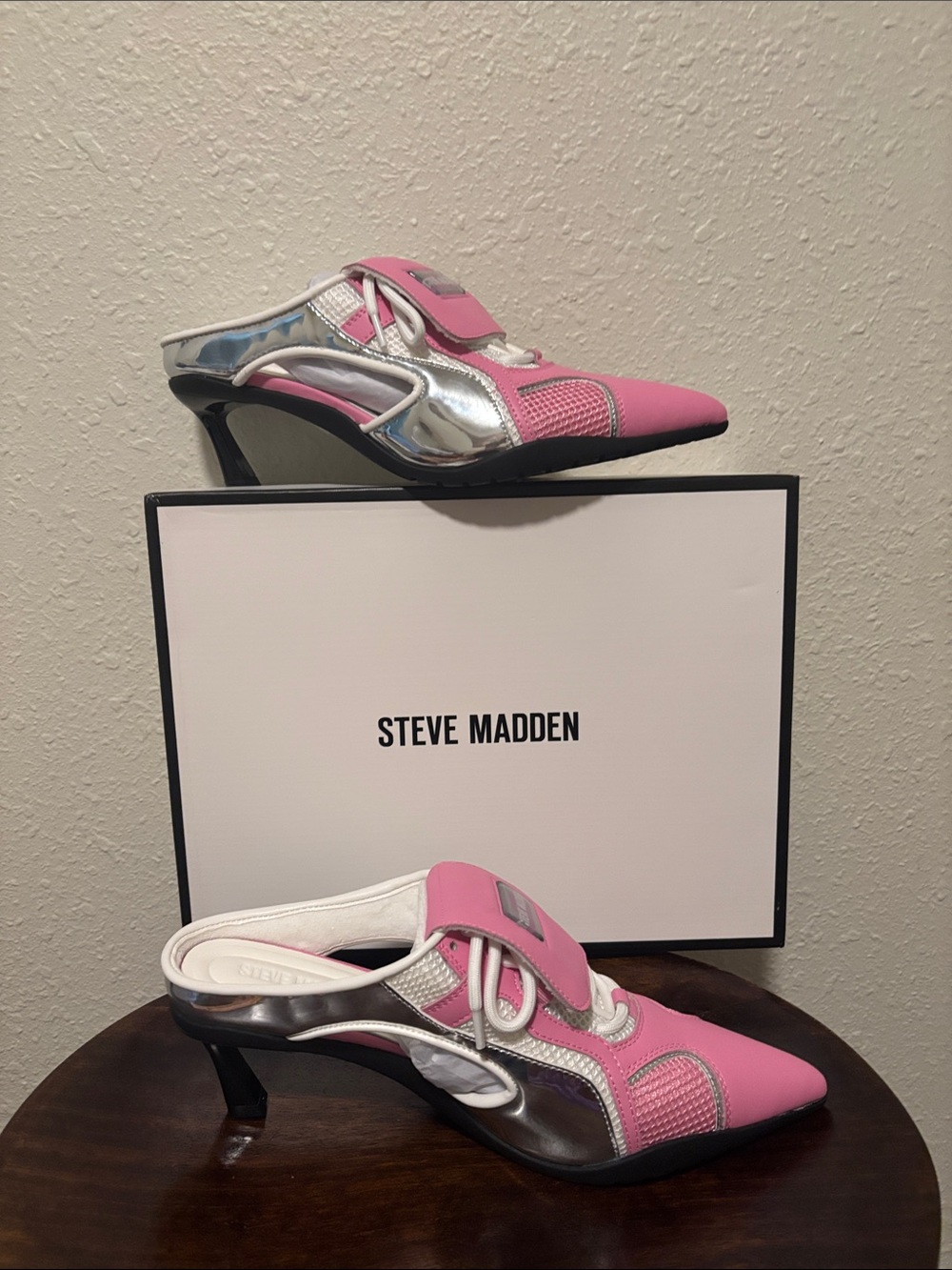 Steve Madden Pink and Silver Pointed Mule Heels with Lace Detail